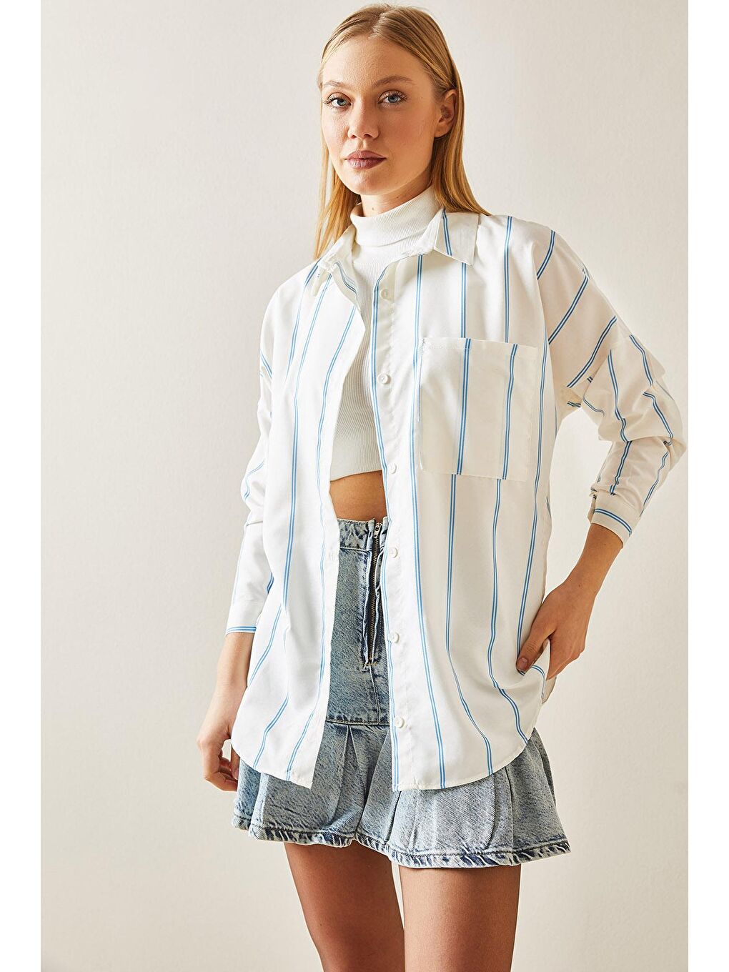 Mavi Çizgili Oversize Gömlek 4KXK2-47862-12