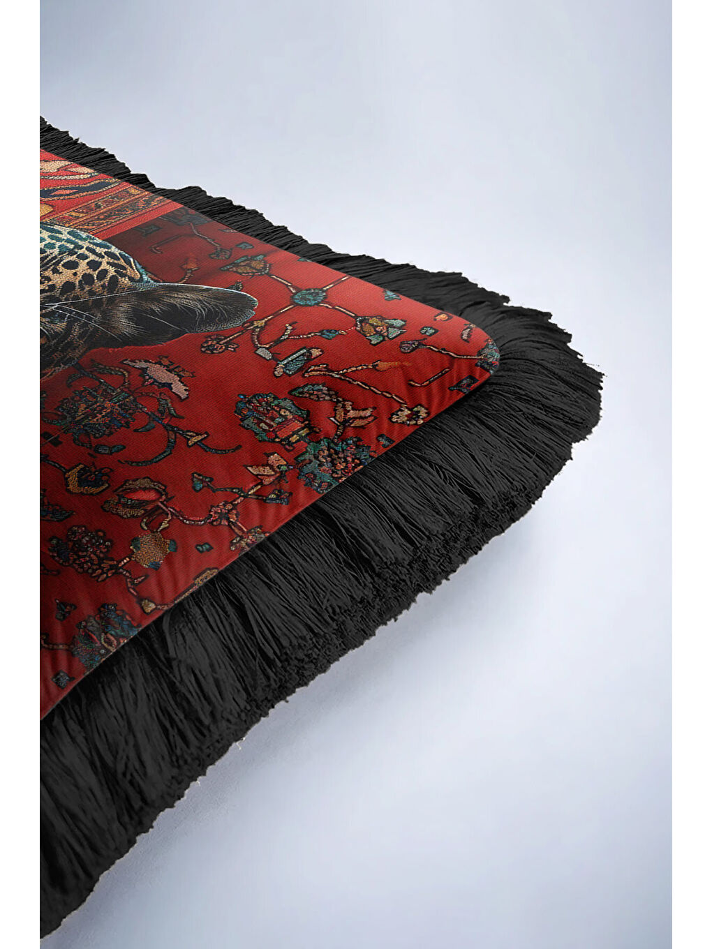 Karışık Oryantal Leopar Temalı Saçaklı Yastık Kılıfı - Kırmızı Siyah Lüks Etnik Püsküllü Kırlent Kılıfı-6