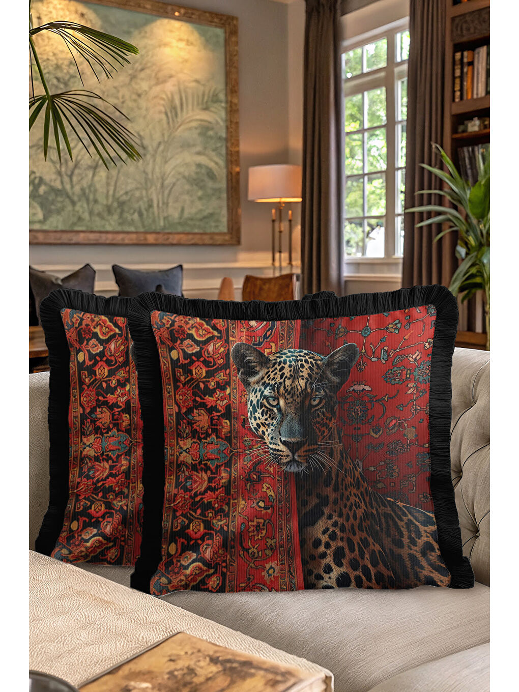 Karışık Oryantal Leopar Temalı Saçaklı Yastık Kılıfı - Kırmızı Siyah Lüks Etnik Püsküllü Kırlent Kılıfı-7