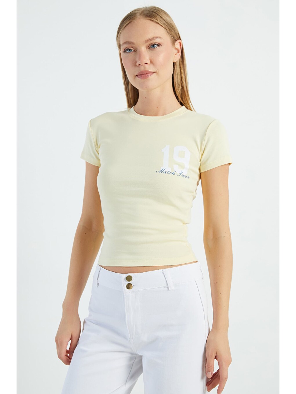 Sarı 19 Baskılı Slim Fit Tişört-1