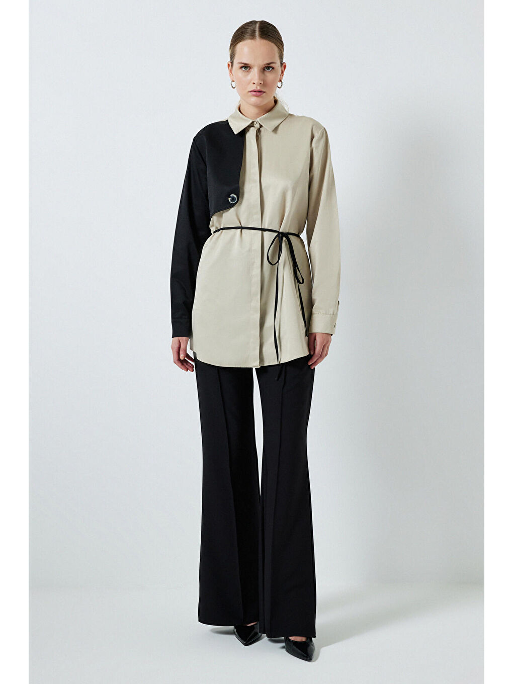 Bej Kontrast Renkli Gömlek