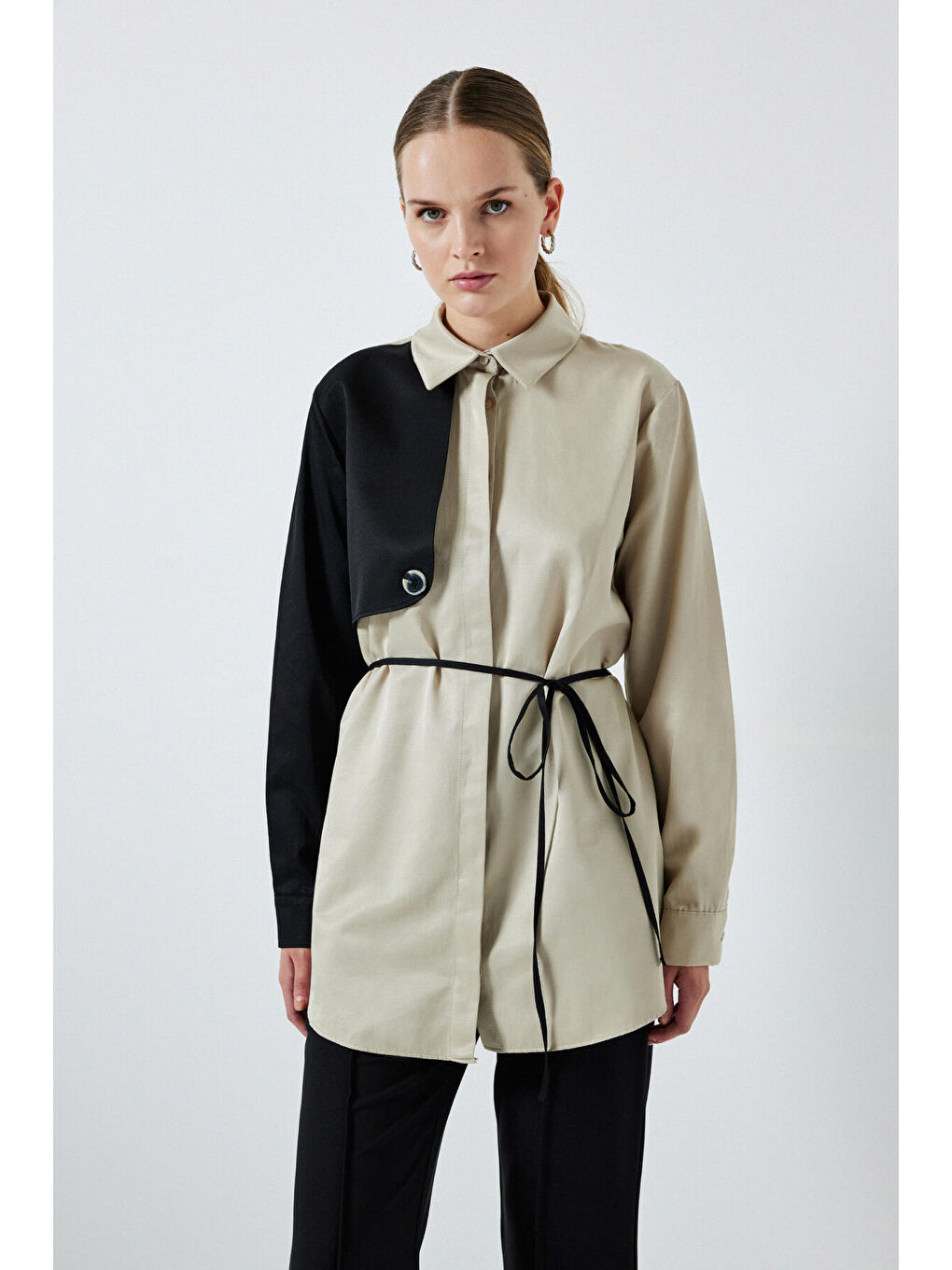 Bej Kontrast Renkli Gömlek-1