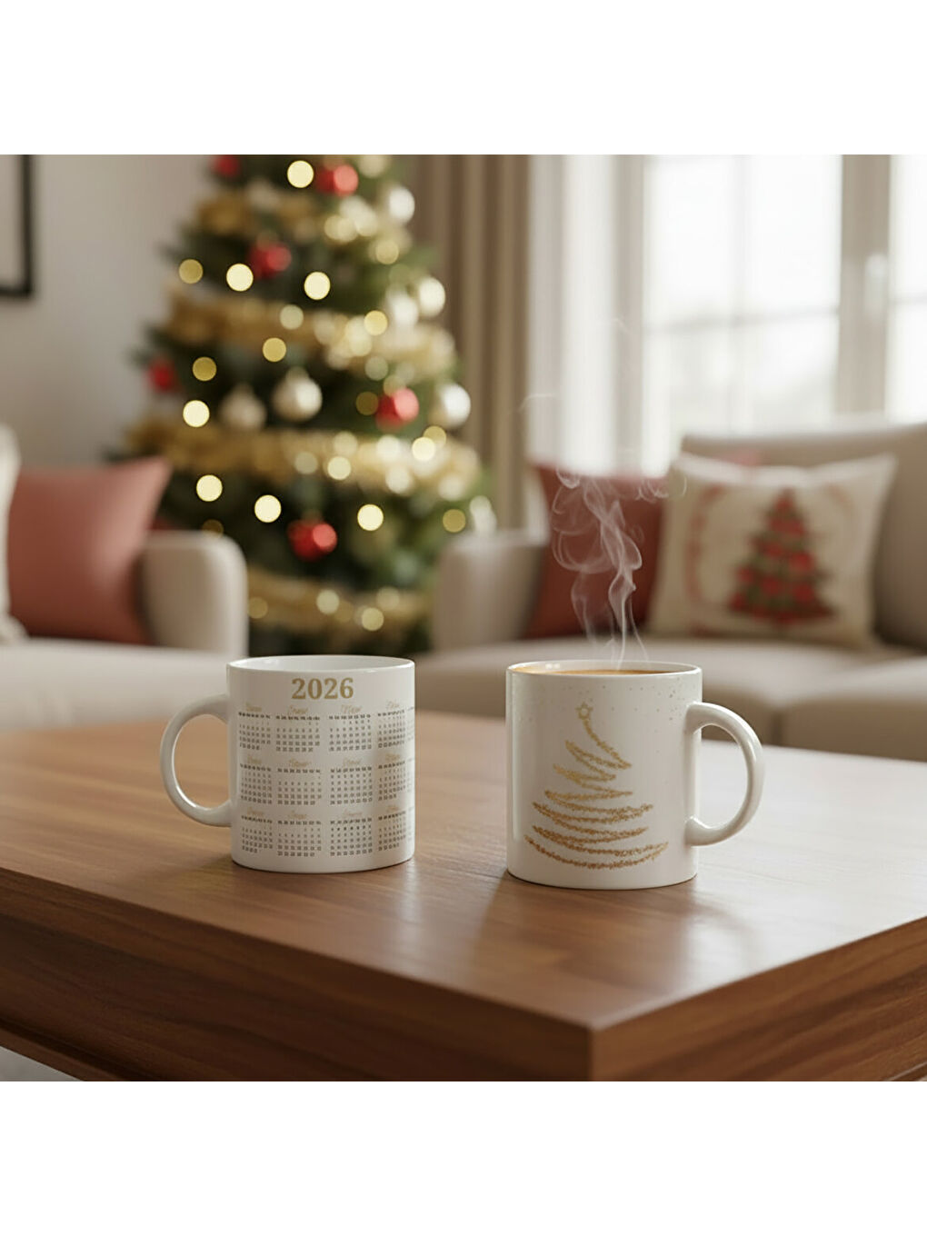 Ekru Yılbaşı ağaçlı ve Takvimli  Mug Bardak 6838