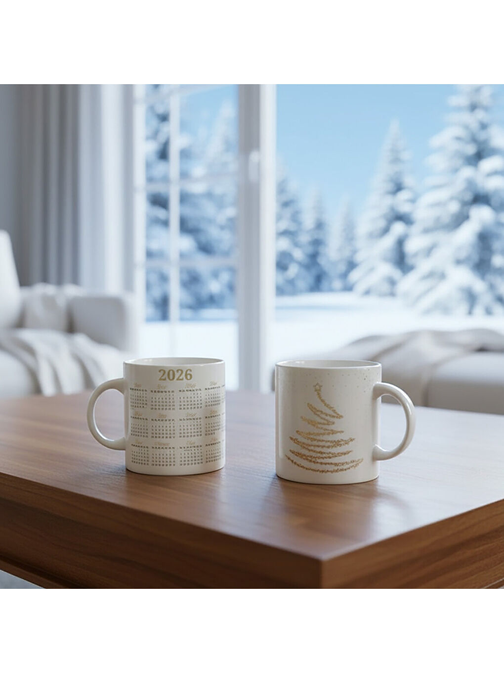 Ekru Yılbaşı ağaçlı ve Takvimli  Mug Bardak 6838-1