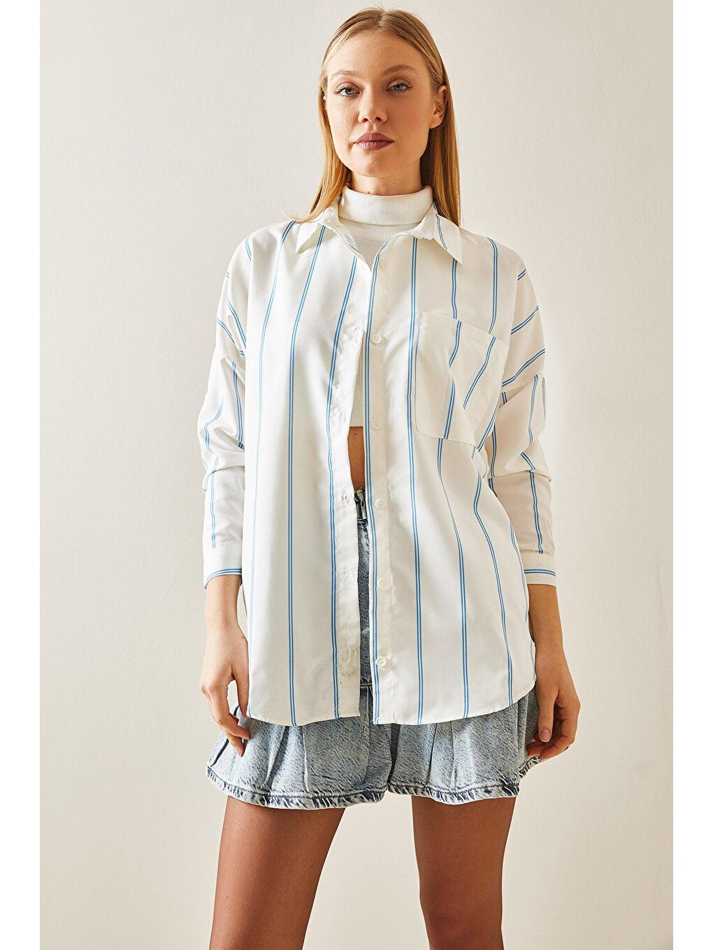 Mavi Çizgili Oversize Gömlek 4KXK2-47862-12-1
