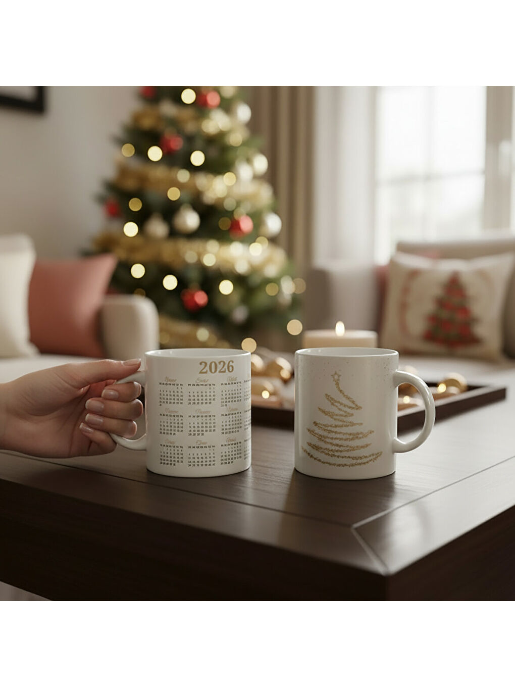Ekru Yılbaşı ağaçlı ve Takvimli  Mug Bardak 6838-3