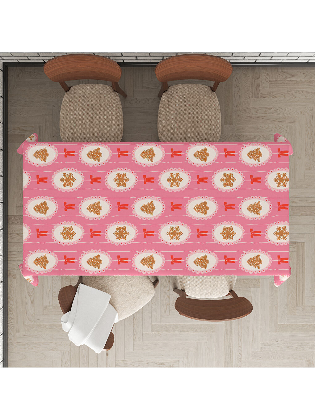 Karışık Yılbaşı Temalı Fiyonk Desenli Dijital Baskılı Masa Örtüsü-1