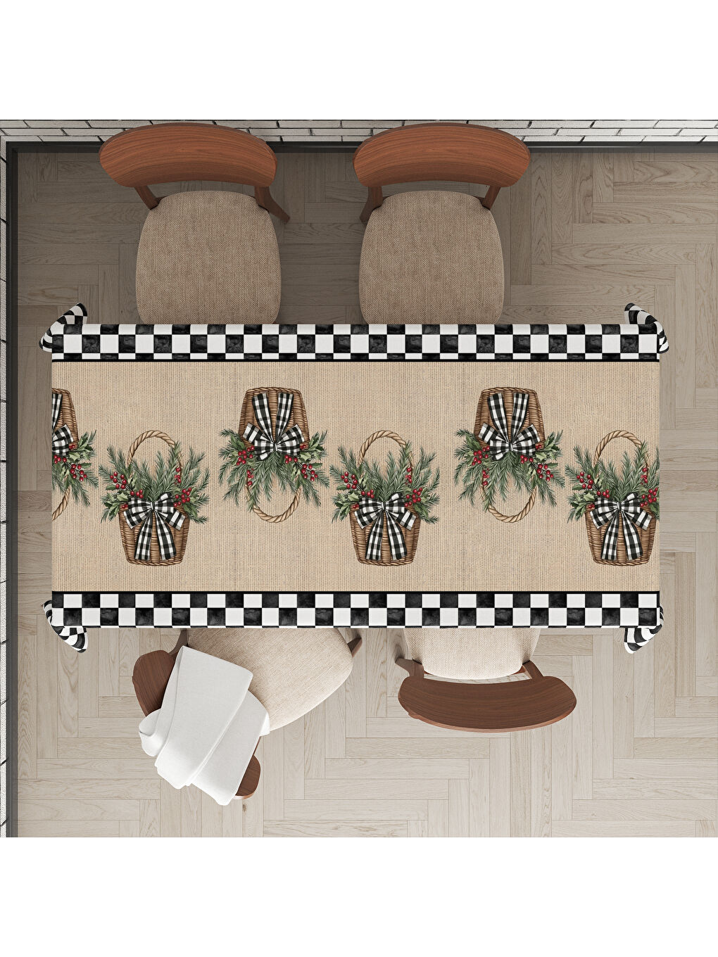 Karışık Yılbaşı Temalı Dama Desenli Dijital Baskılı Masa Örtüsü-1