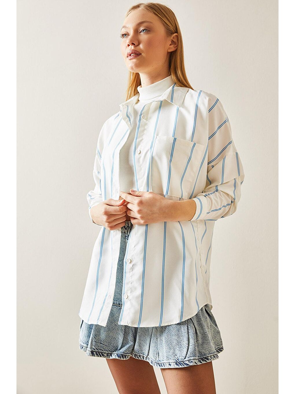 Mavi Çizgili Oversize Gömlek 4KXK2-47862-12-2