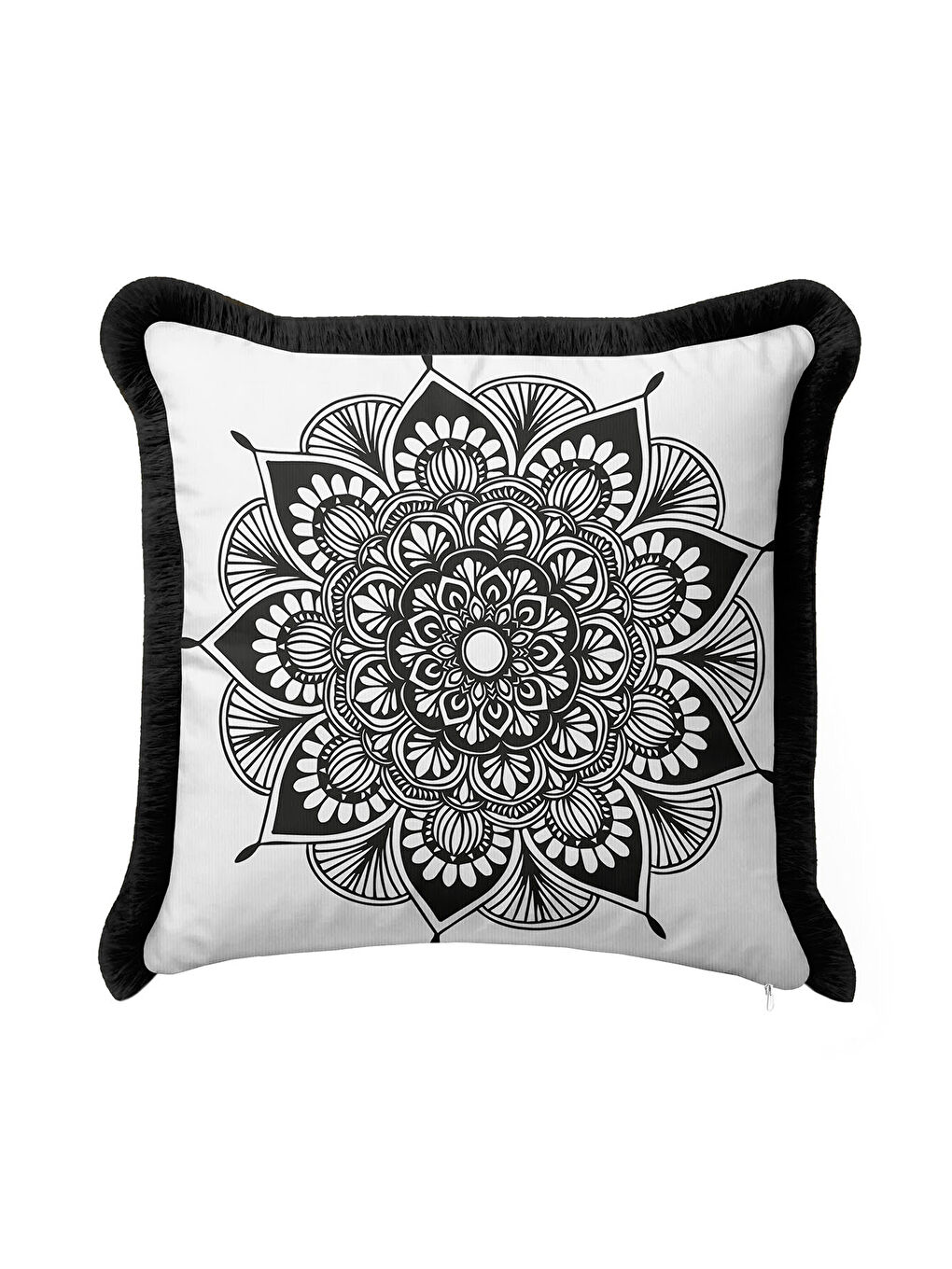 Karışık Mandala Motifli Saçaklı Yastık Kılıfı - Siyah Beyaz Bohem Etnik Stilde Püsküllü Kırlent Kılıfı