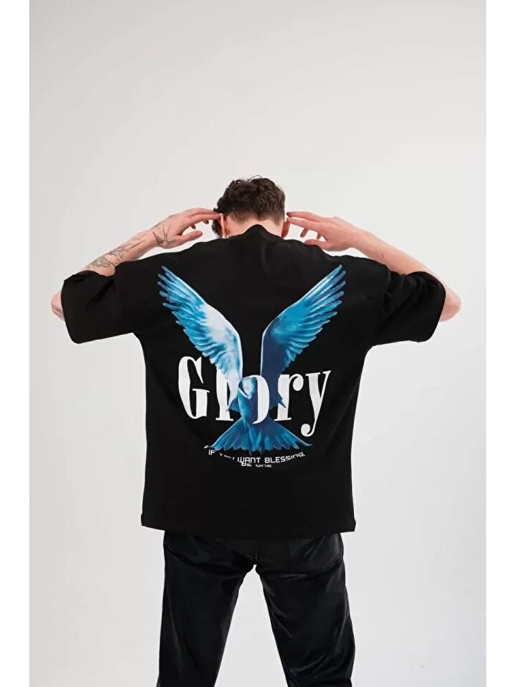 Unisex Bisiklet Yaka Baskılı Oversize T-Shirt - Siyah