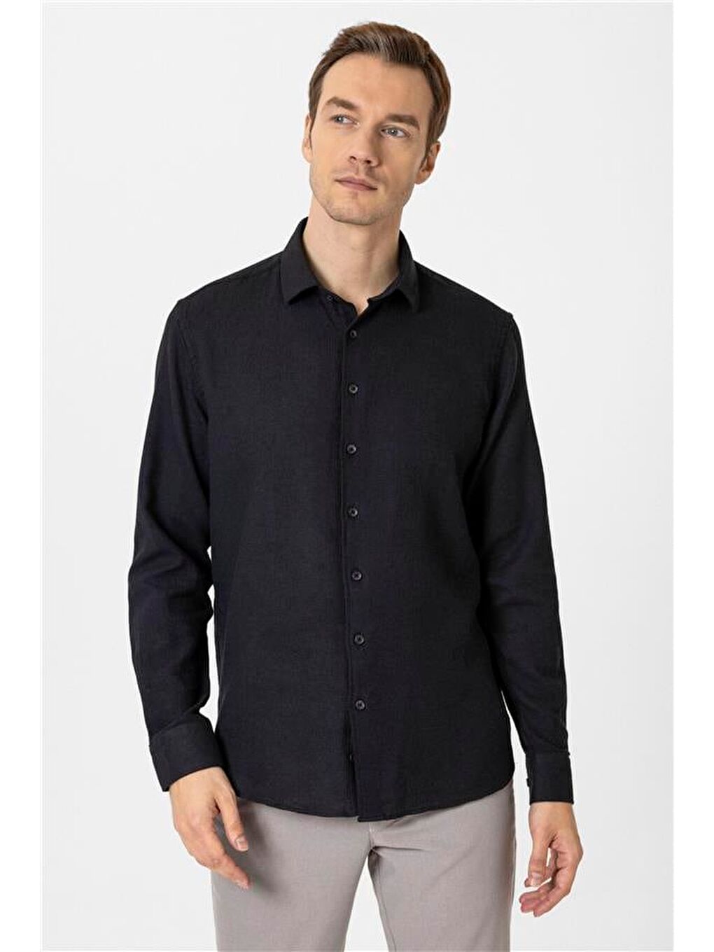 Siyah Slim Desenli Klasik Yaka Gömlek-1