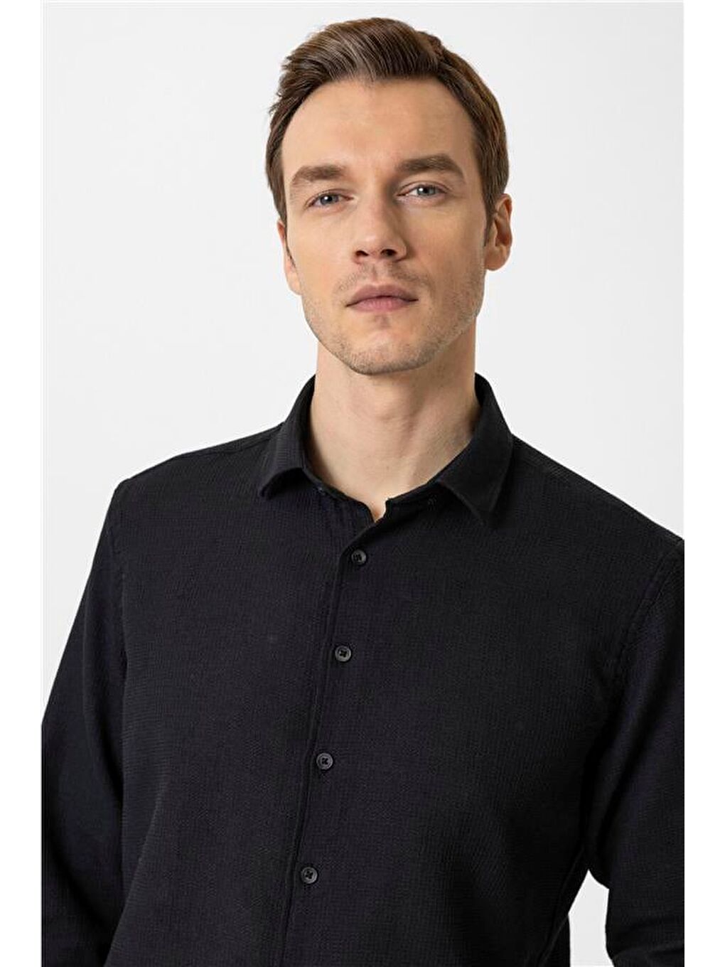 Siyah Slim Desenli Klasik Yaka Gömlek-2