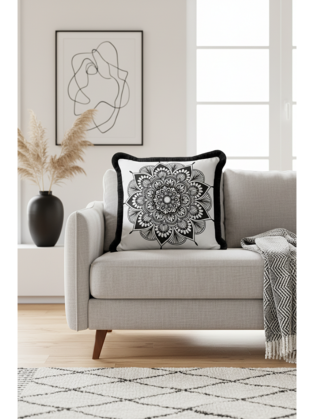 Karışık Mandala Motifli Saçaklı Yastık Kılıfı - Siyah Beyaz Bohem Etnik Stilde Püsküllü Kırlent Kılıfı-1