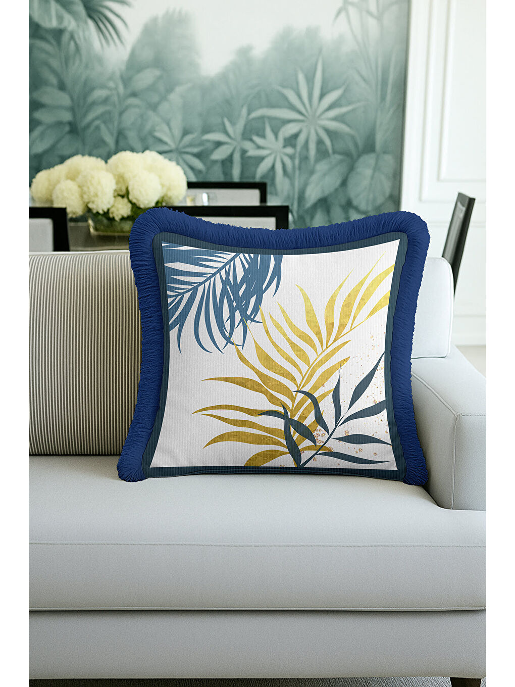 Karışık Tropikal Yapraklı Saçaklı Yastık Kılıfı - Doğal Bohem Mavi Altın Renkli Püsküllü Kırlent Kılıfı-1
