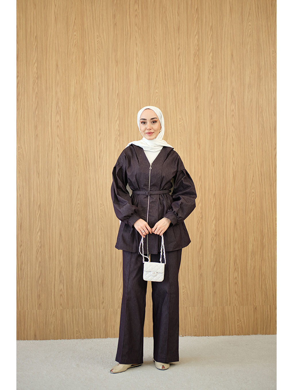 Kadın Beli Lastik Detay V Yaka Kemerli Takım Mor-1