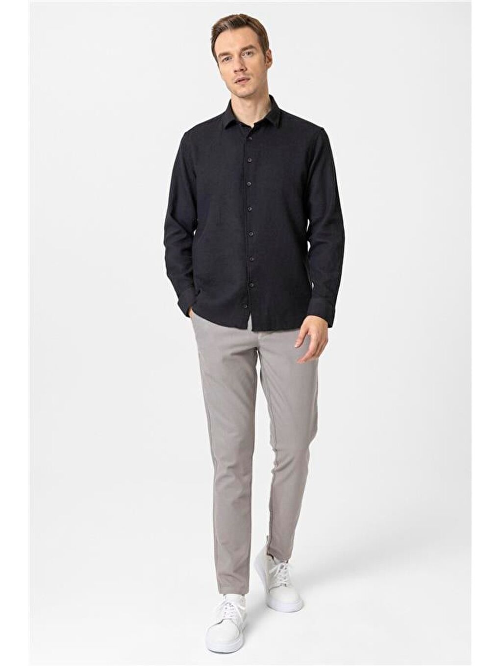 Siyah Slim Desenli Klasik Yaka Gömlek-4