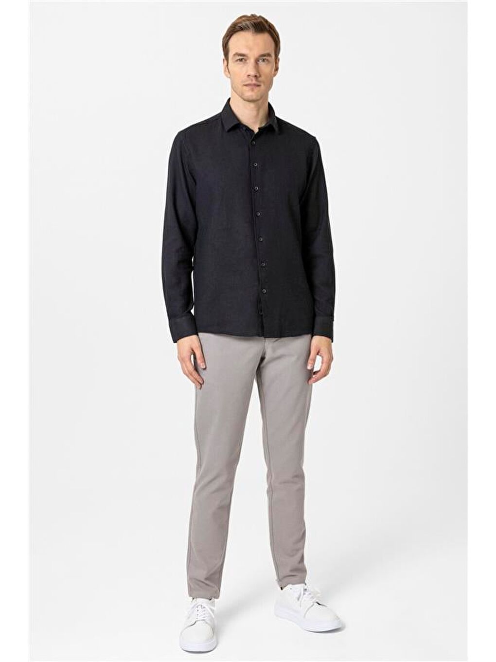 Siyah Slim Desenli Klasik Yaka Gömlek-5