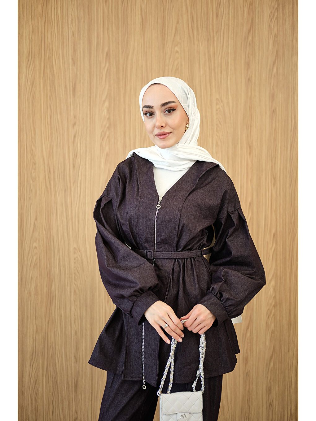 Kadın Beli Lastik Detay V Yaka Kemerli Takım Mor-2