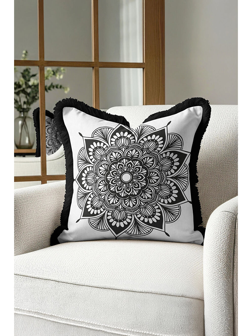 Karışık Mandala Motifli Saçaklı Yastık Kılıfı - Siyah Beyaz Bohem Etnik Stilde Püsküllü Kırlent Kılıfı-3