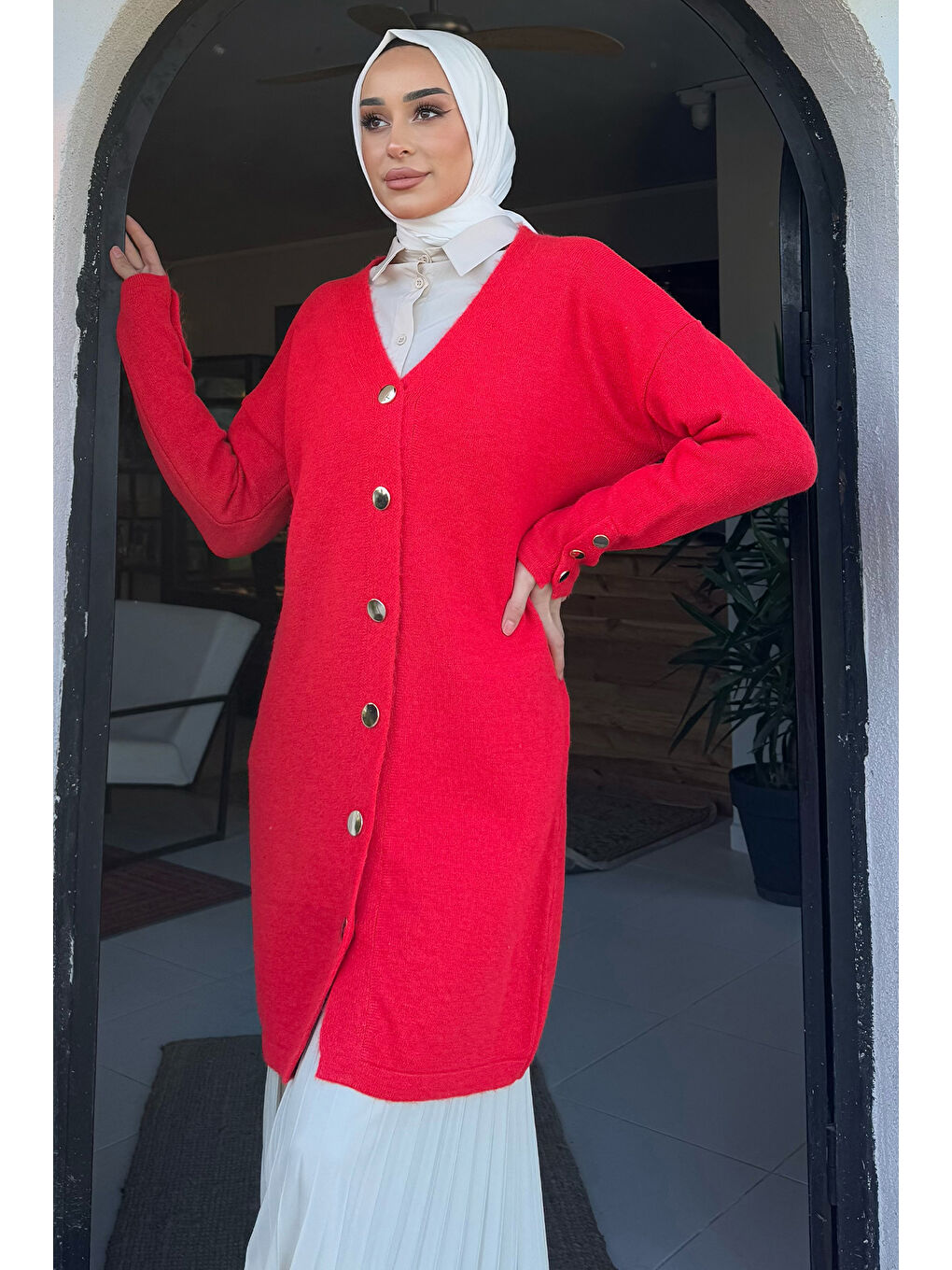 Kırmızı Kadın Ön Düğmeli Salaş Triko Hırka-1