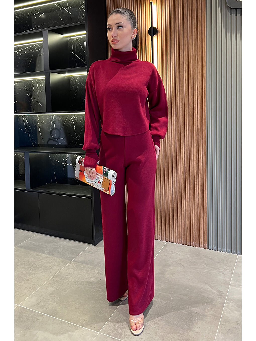 Bordo Kadın Parmak Geçmeli Yüksek Bel Triko Takım