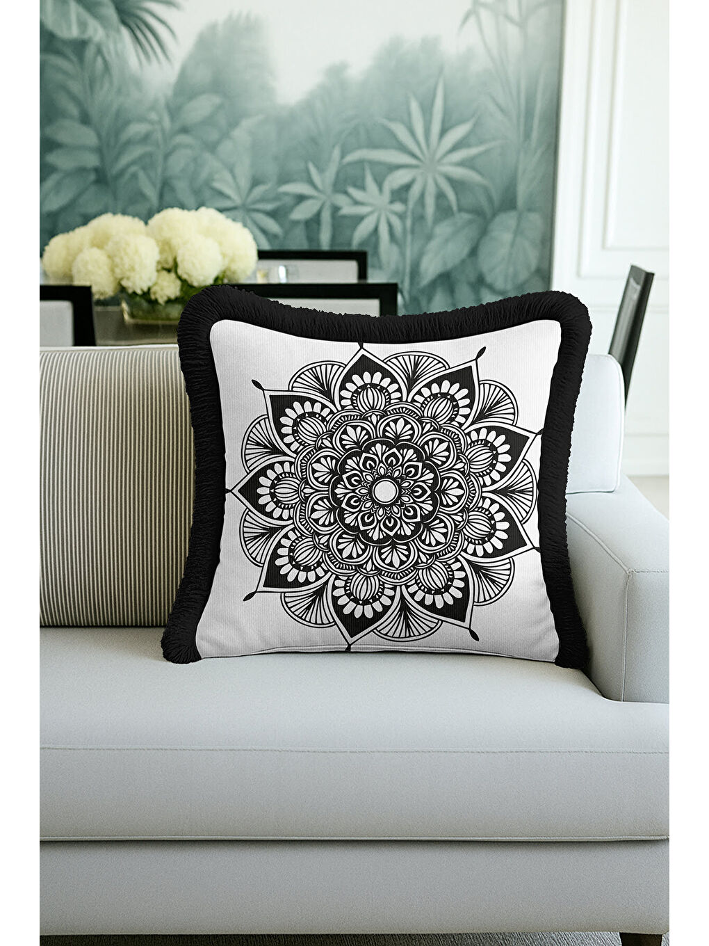 Karışık Mandala Motifli Saçaklı Yastık Kılıfı - Siyah Beyaz Bohem Etnik Stilde Püsküllü Kırlent Kılıfı-4