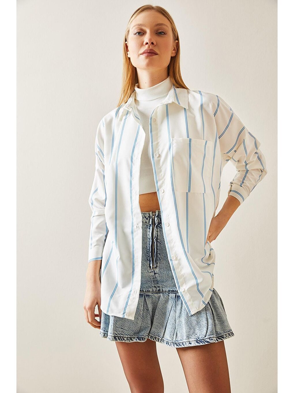 Mavi Çizgili Oversize Gömlek 4KXK2-47862-12-3