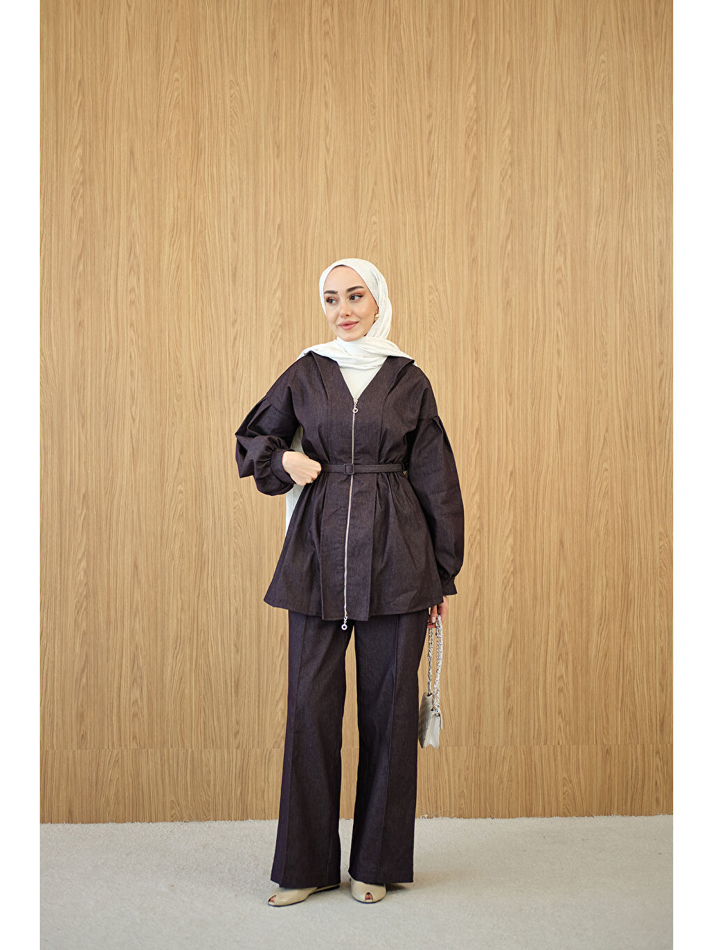 Kadın Beli Lastik Detay V Yaka Kemerli Takım Mor-3