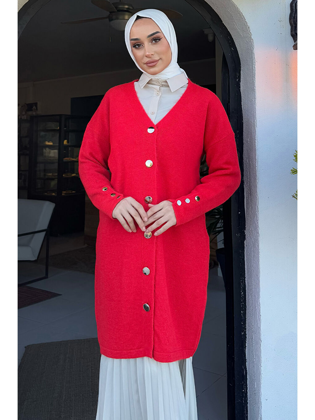 Kırmızı Kadın Ön Düğmeli Salaş Triko Hırka-2