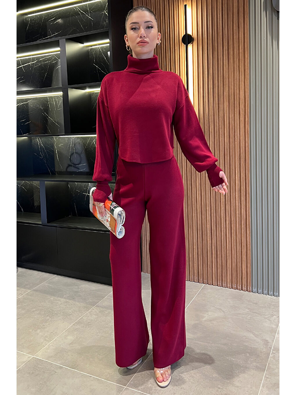 Bordo Kadın Parmak Geçmeli Yüksek Bel Triko Takım-1