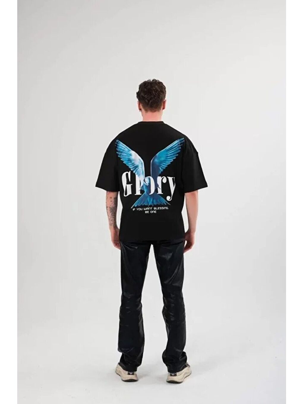 Unisex Bisiklet Yaka Baskılı Oversize T-Shirt - Siyah-3