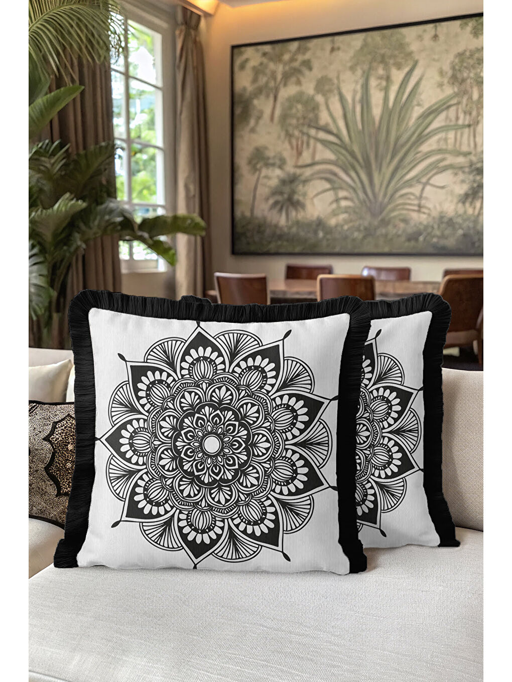 Karışık Mandala Motifli Saçaklı Yastık Kılıfı - Siyah Beyaz Bohem Etnik Stilde Püsküllü Kırlent Kılıfı-5