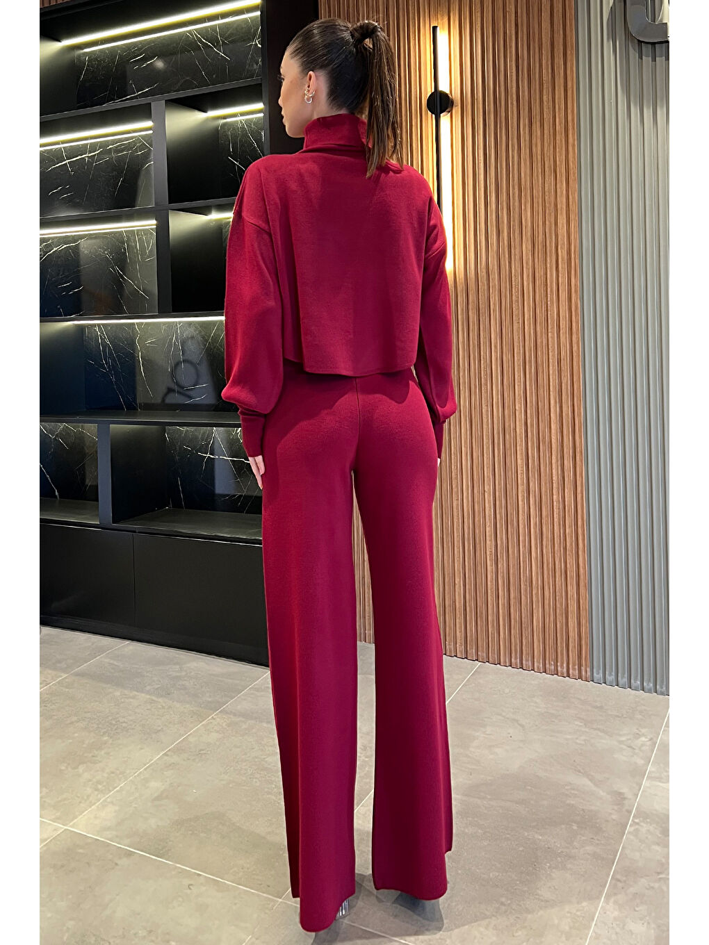 Bordo Kadın Parmak Geçmeli Yüksek Bel Triko Takım-2