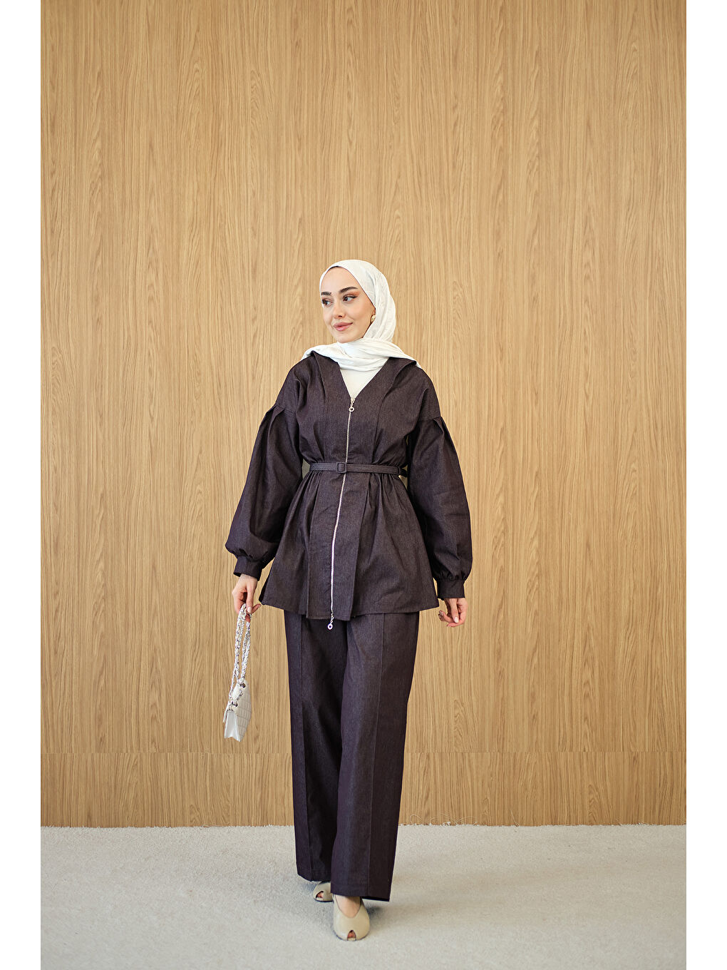 Kadın Beli Lastik Detay V Yaka Kemerli Takım Mor-4