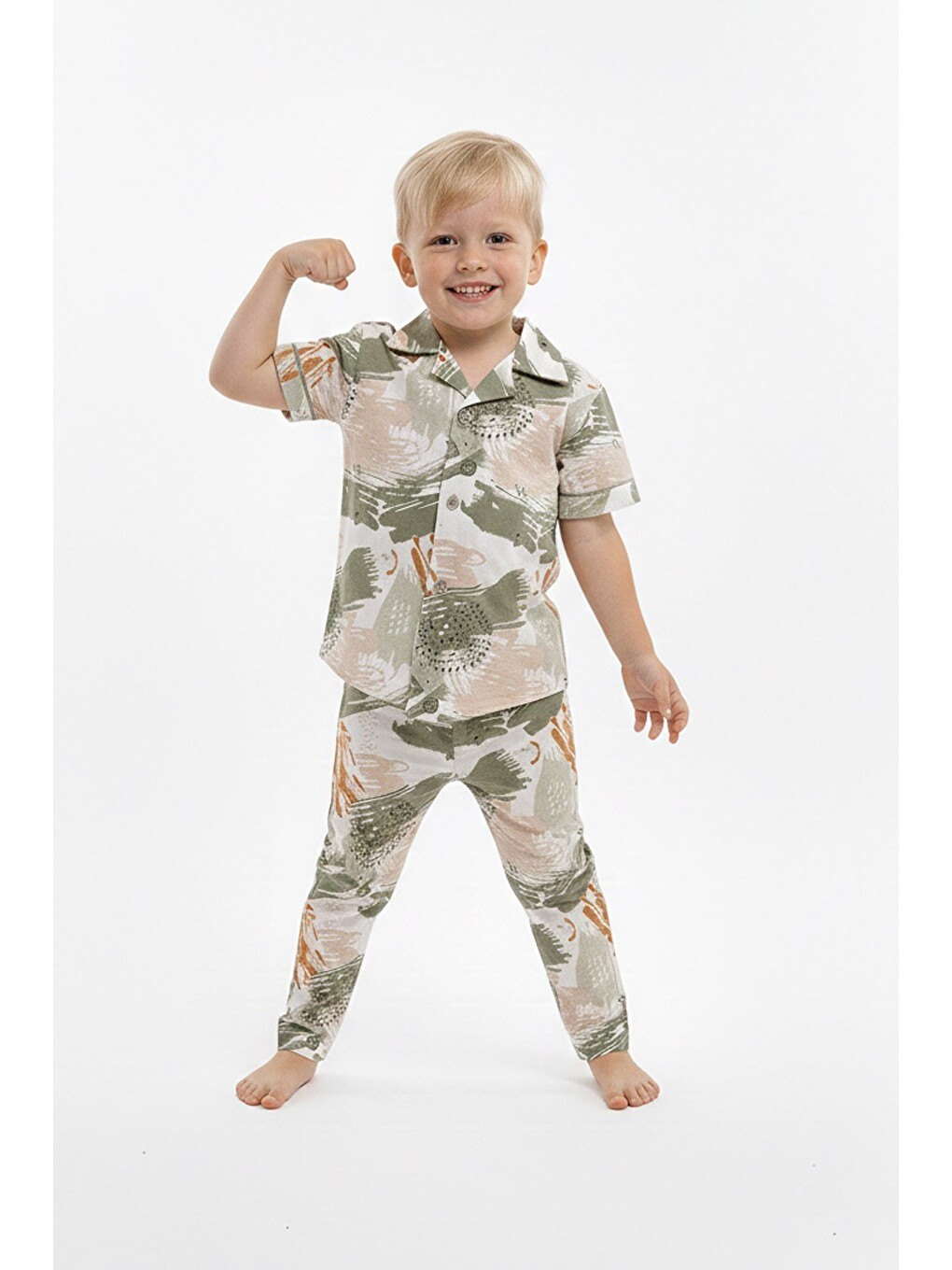 Haki Erkek Çocuk %100 Pamuk ve Gömlek Tarz Pijama Takımı 2-13 Yaş 12687IS