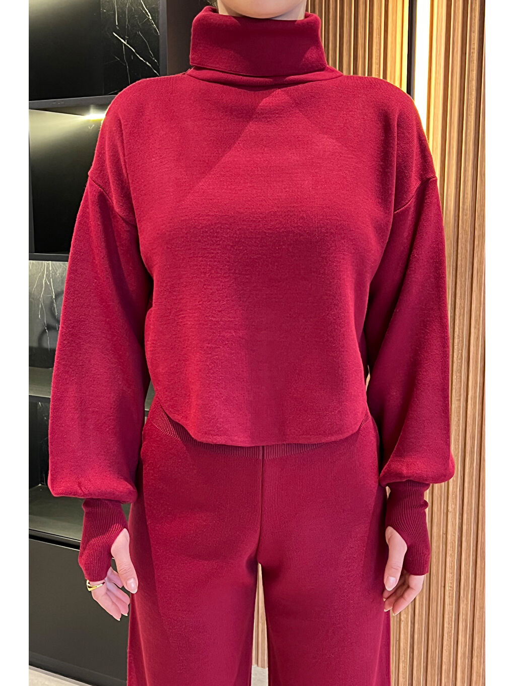 Bordo Kadın Parmak Geçmeli Yüksek Bel Triko Takım-3