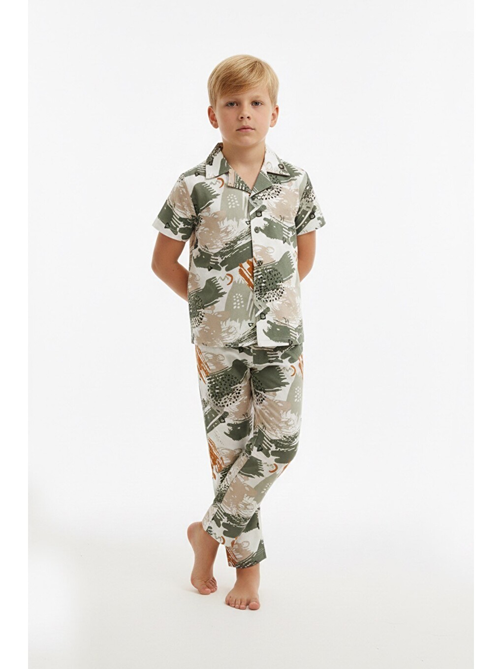 Haki Erkek Çocuk %100 Pamuk ve Gömlek Tarz Pijama Takımı 2-13 Yaş 12687IS-1