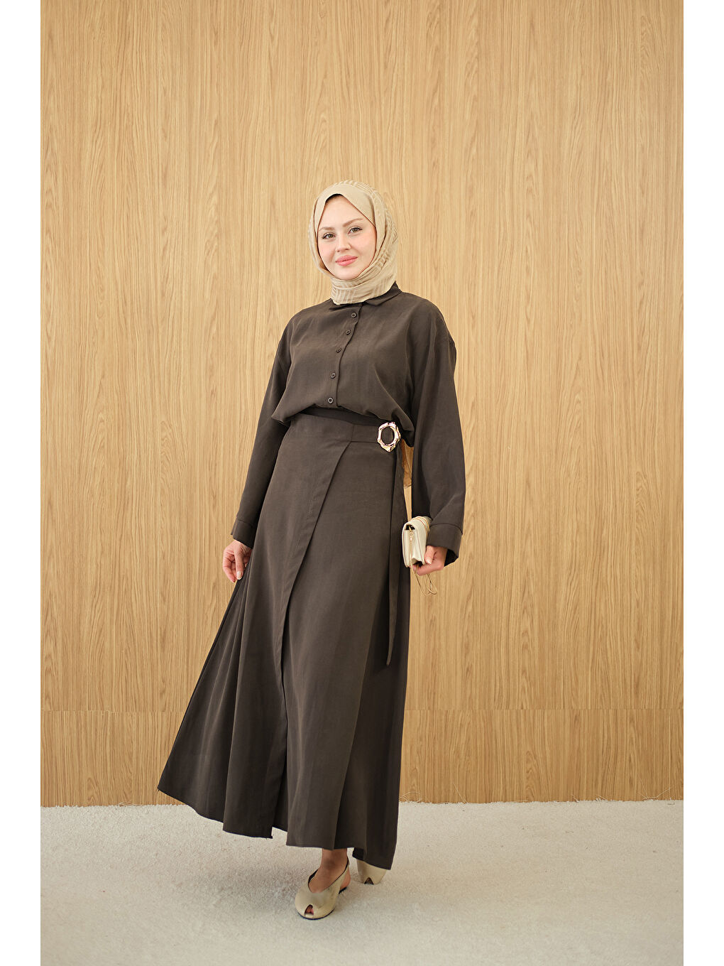 Kahverengi Kadın Gold Kemer Detay Gömlekli Takım Koyu Kahve-3