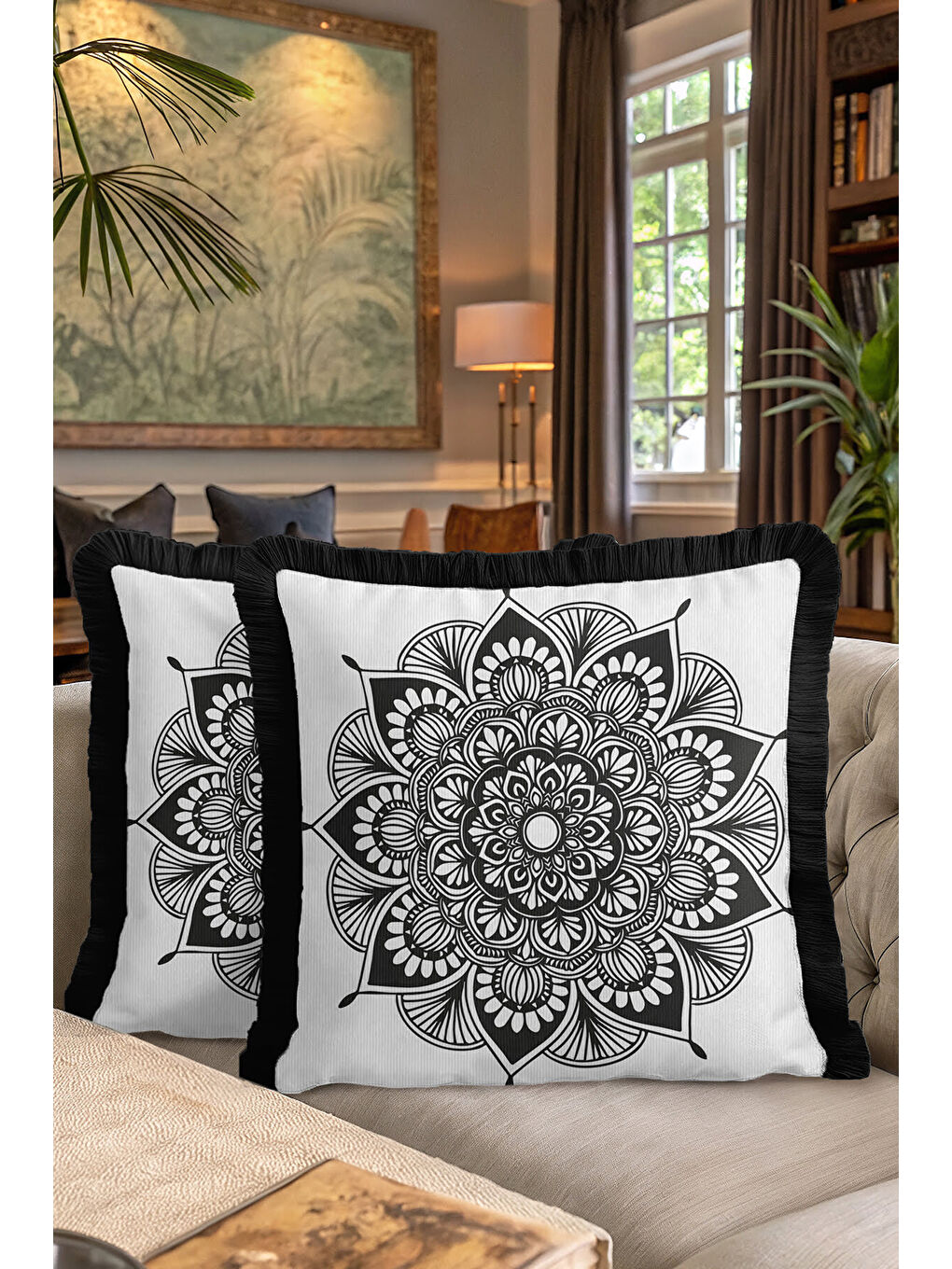 Karışık Mandala Motifli Saçaklı Yastık Kılıfı - Siyah Beyaz Bohem Etnik Stilde Püsküllü Kırlent Kılıfı-7