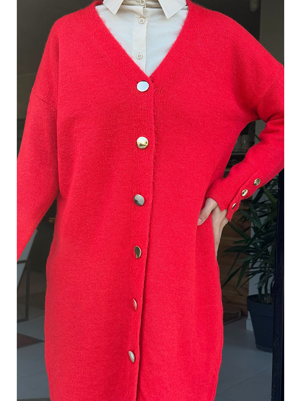 Kırmızı Kadın Ön Düğmeli Salaş Triko Hırka-5