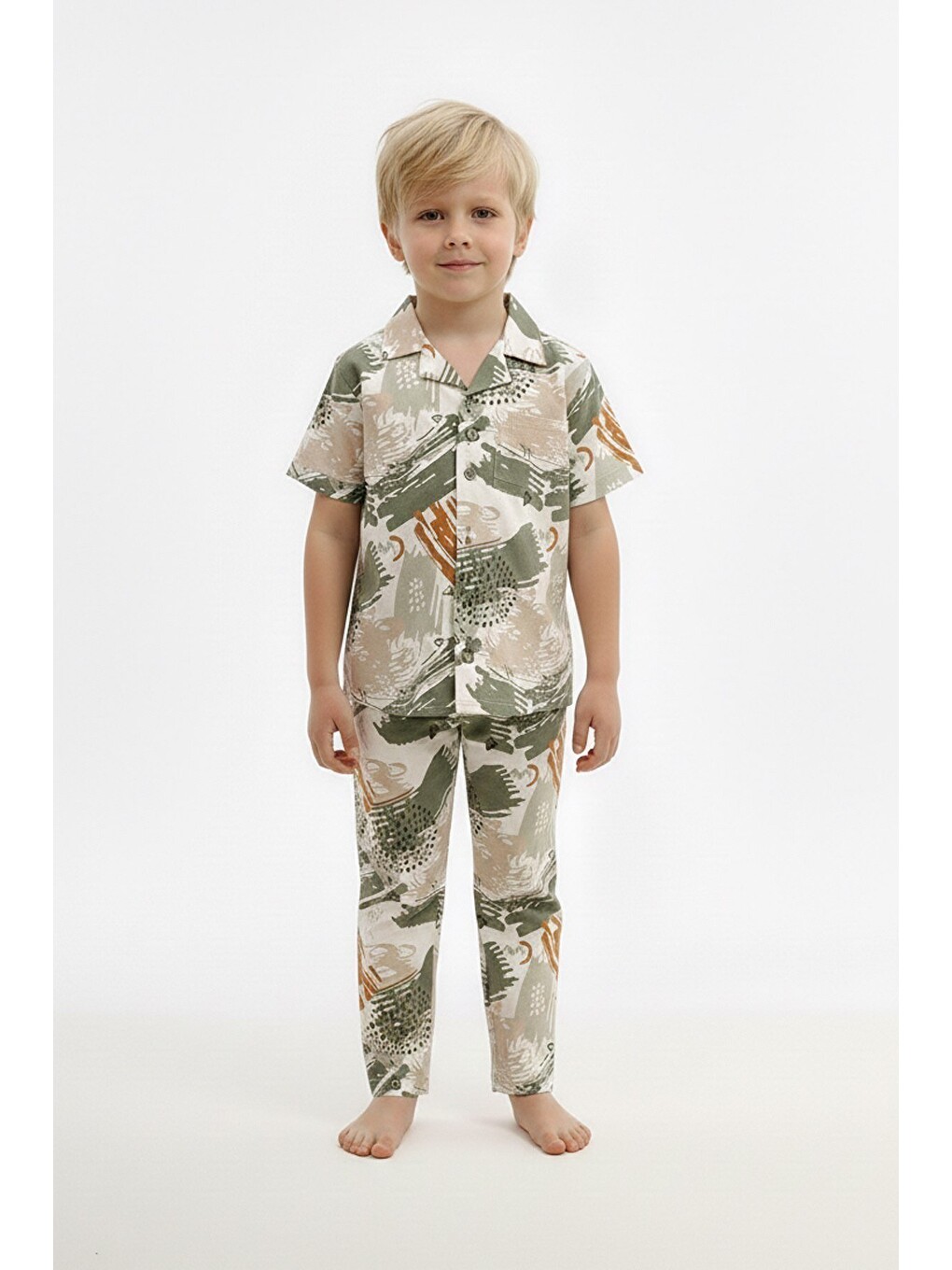 Haki Erkek Çocuk %100 Pamuk ve Gömlek Tarz Pijama Takımı 2-13 Yaş 12687IS-3