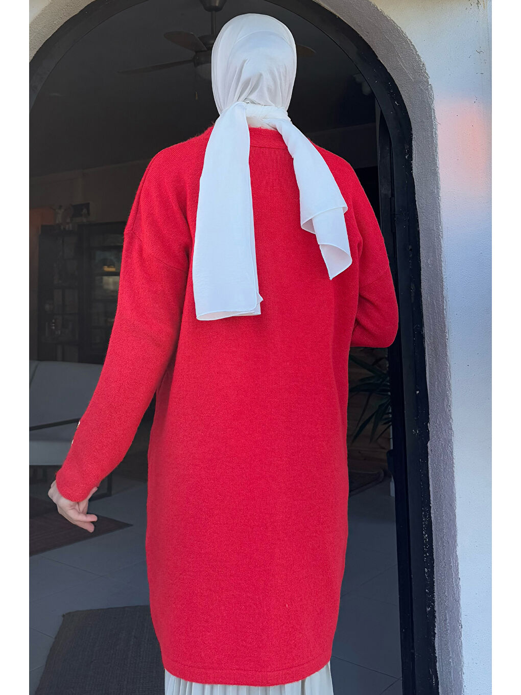 Kırmızı Kadın Ön Düğmeli Salaş Triko Hırka-7