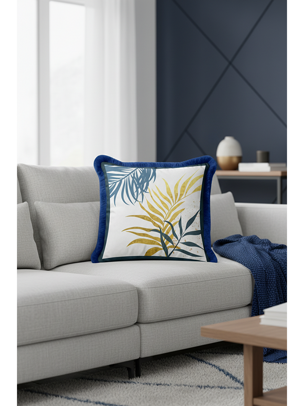 Karışık Tropikal Yapraklı Saçaklı Yastık Kılıfı - Doğal Bohem Mavi Altın Renkli Püsküllü Kırlent Kılıfı-2