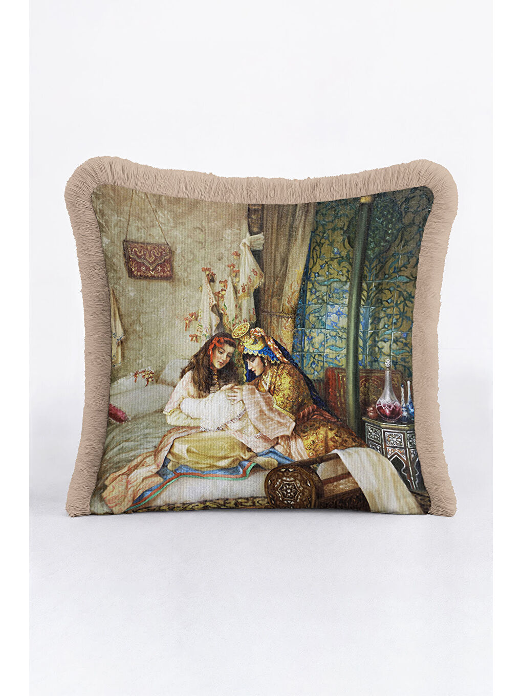 Karışık Saray İhtişamı Saçaklı Yastık Kılıfı - Osmanlı Dokunuşlu Klasik Bohem Bej Püsküllü Kırlent Kılıfı