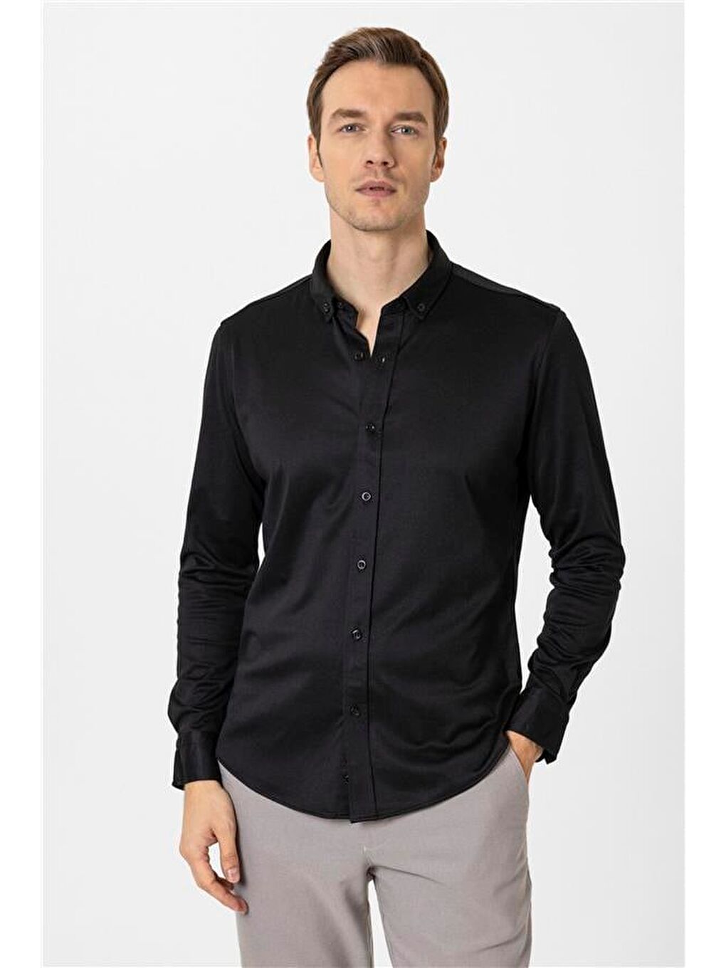 Siyah Slim Armürlü Düğmeli Yaka Gömlek