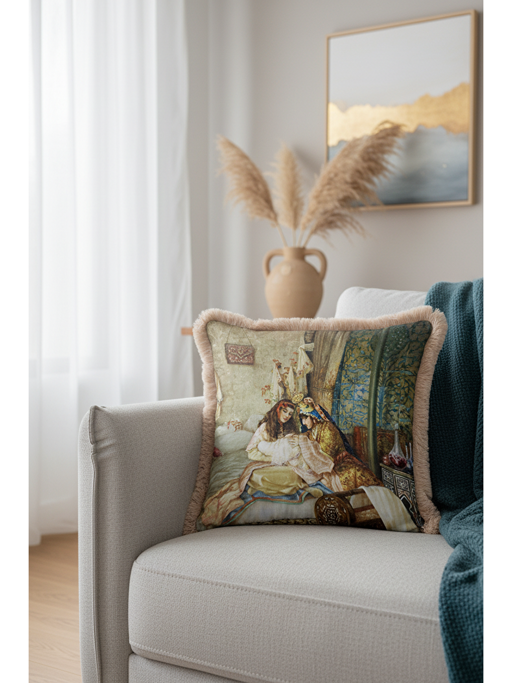 Karışık Saray İhtişamı Saçaklı Yastık Kılıfı - Osmanlı Dokunuşlu Klasik Bohem Bej Püsküllü Kırlent Kılıfı-1