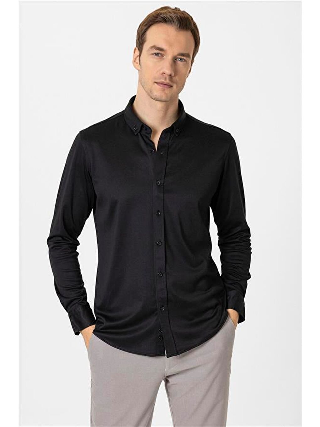 Siyah Slim Armürlü Düğmeli Yaka Gömlek-1