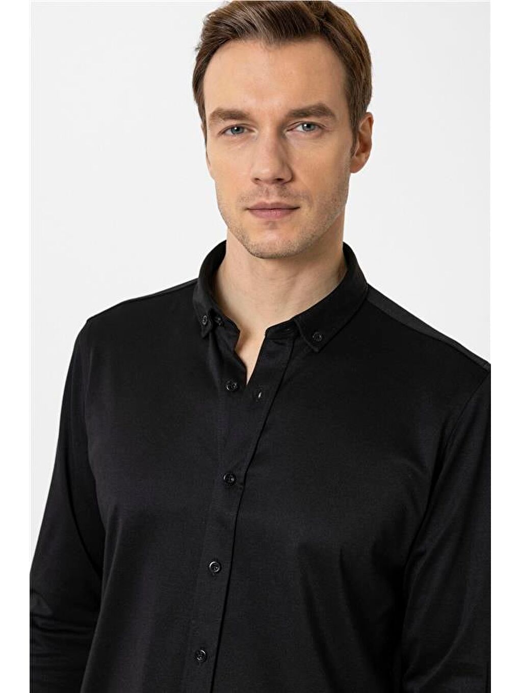 Siyah Slim Armürlü Düğmeli Yaka Gömlek-2