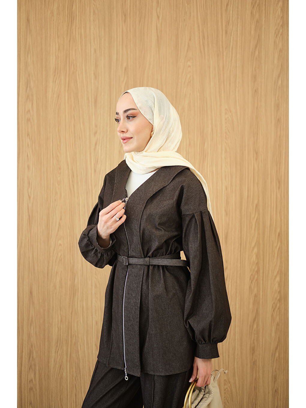 Kadın Beli Lastik Detay V Yaka Kemerli Takım Kahverengi-2